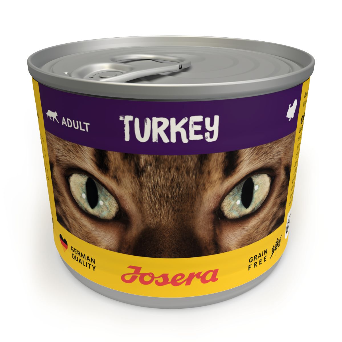 Dose JOSERA Turkey, mit Katzenaugen-Motiv. Aufschrift: Turkey, Adult, Grain Free. Gelb-lila Verpackung.