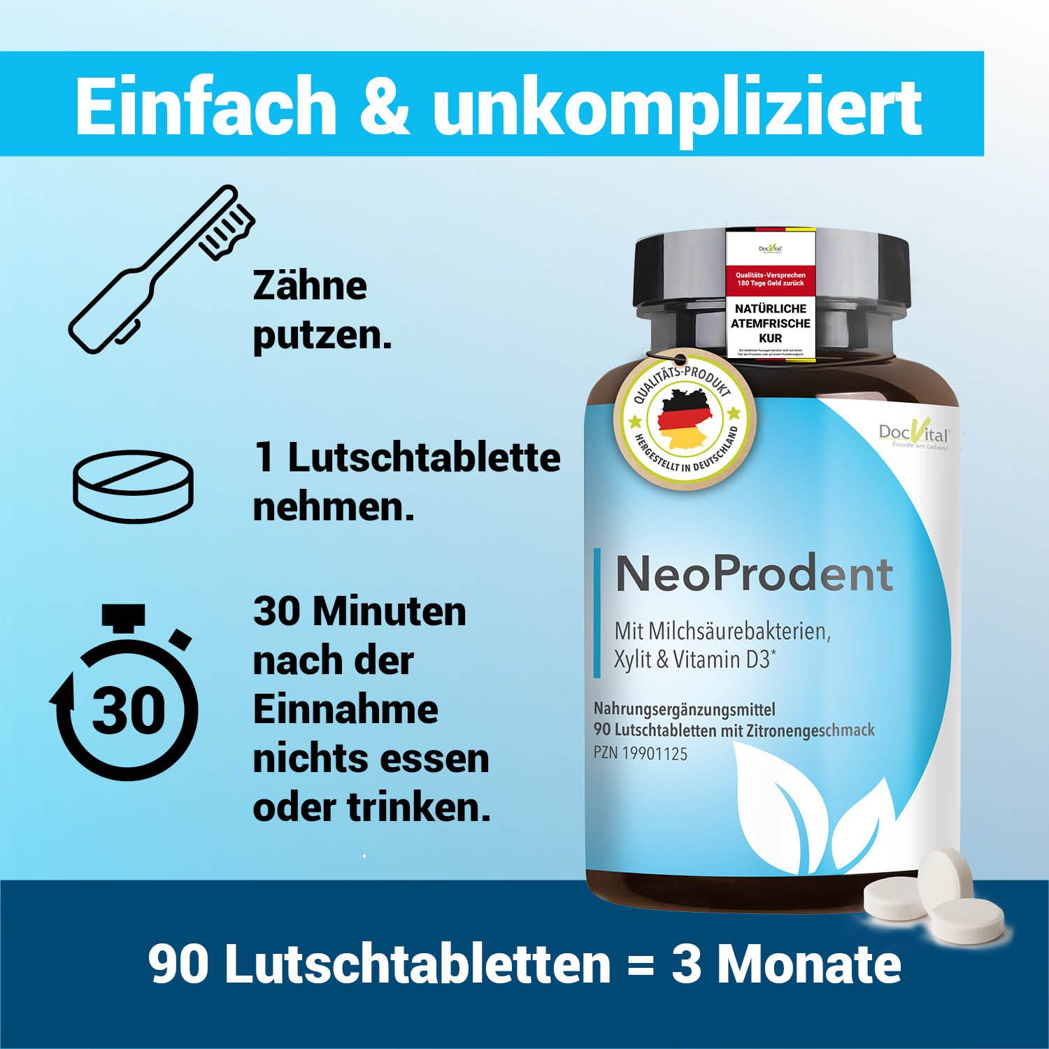 DocVital NeoProdent Flasche mit 90 Lutschtabletten, Zitronengeschmack, neben Anwendungsanleitung.