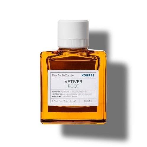 KORRES Eau de Toilette. Quadratische Flasche mit weißem Deckel. Etikett mit Produktnamen und Inhaltsstoffen. Hellbraune Flüssigkeit.