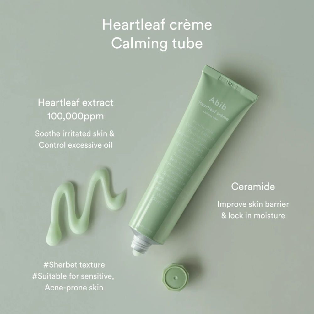 Hellgrüne Tube mit Produkt und Klecks Creme. Text: Heartleaf crème, Calming tube, Ceramide. Marke: Abib.