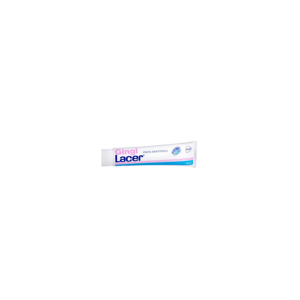 Weiße Zahnpasta-Tube mit blauer Schrift. Aufschrift: Gingi Lacer, Pasta Dentifrica. Enthält Fluorid.