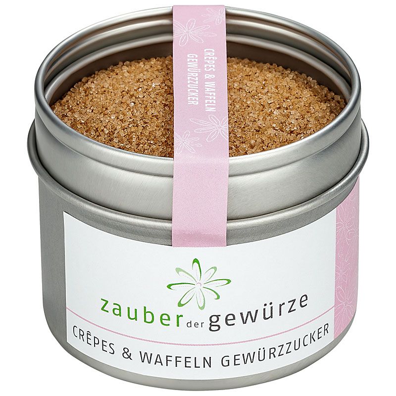 Runde Dose mit Gewürzzucker. Rosa Etikett mit Text: Crêpes & Waffeln Gewürzzucker. Grünes Logo: Zauber der Gewürze.