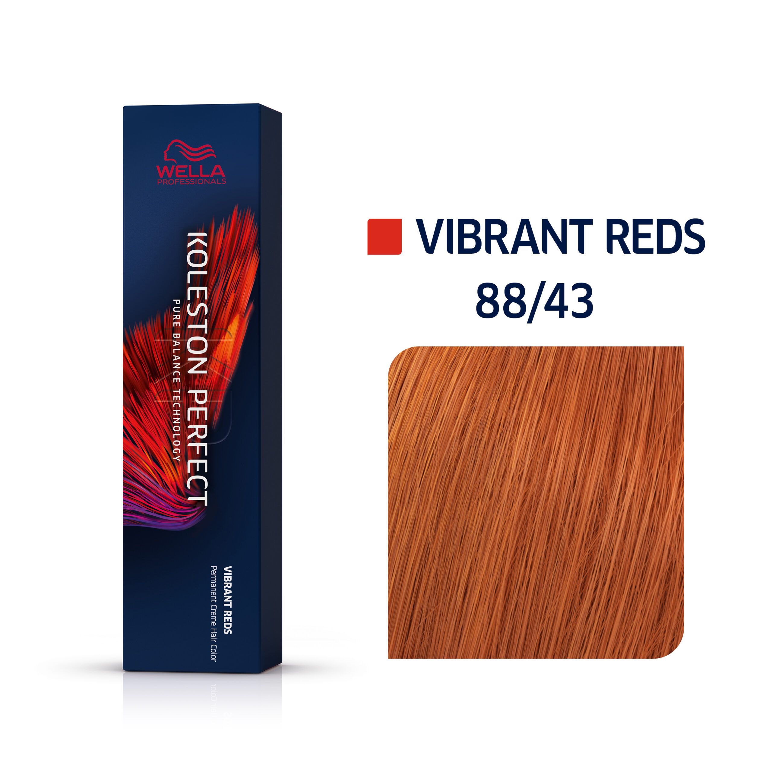 Wella Koleston Perfect Me+ Packung und Farbmuster. Dunkelblaue Schachtel. Farbmuster: Vibrant Reds, 88/43.