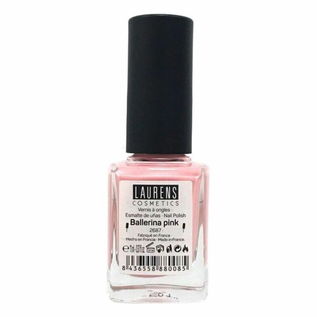 Rosa Nagellackflasche mit schwarzem Deckel. Aufschrift: LAURENS COSMETICS. Produktname: Ballerina pink. Volumenangabe.