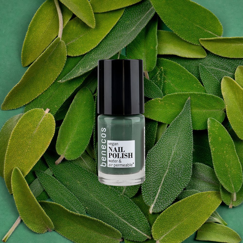 Benecos Nagellack in Salbeigrün, umgeben von frischen Salbeiblättern.
