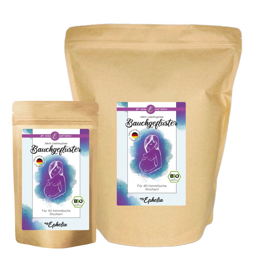 Zwei Beutel "Bauchgeflüster" Tee. Aufdruck mit Logo, Umriss einer schwangeren Frau, Bio-Siegel. Braune Papierverpackung.