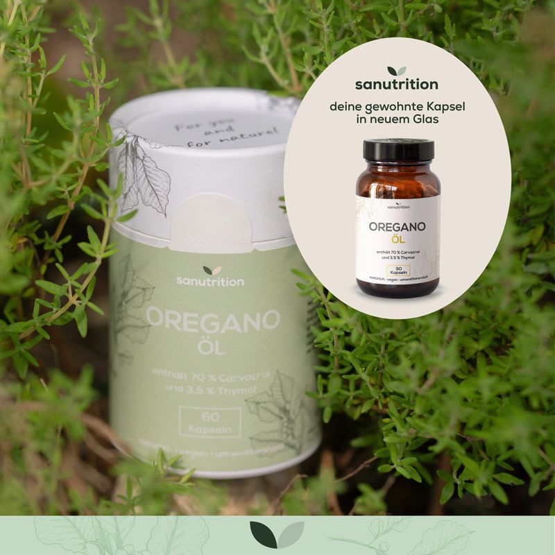 Zylinderdose und Glasflasche mit Produktetikett. Aufschrift: Oregano Öl. Grünpflanzen im Hintergrund.