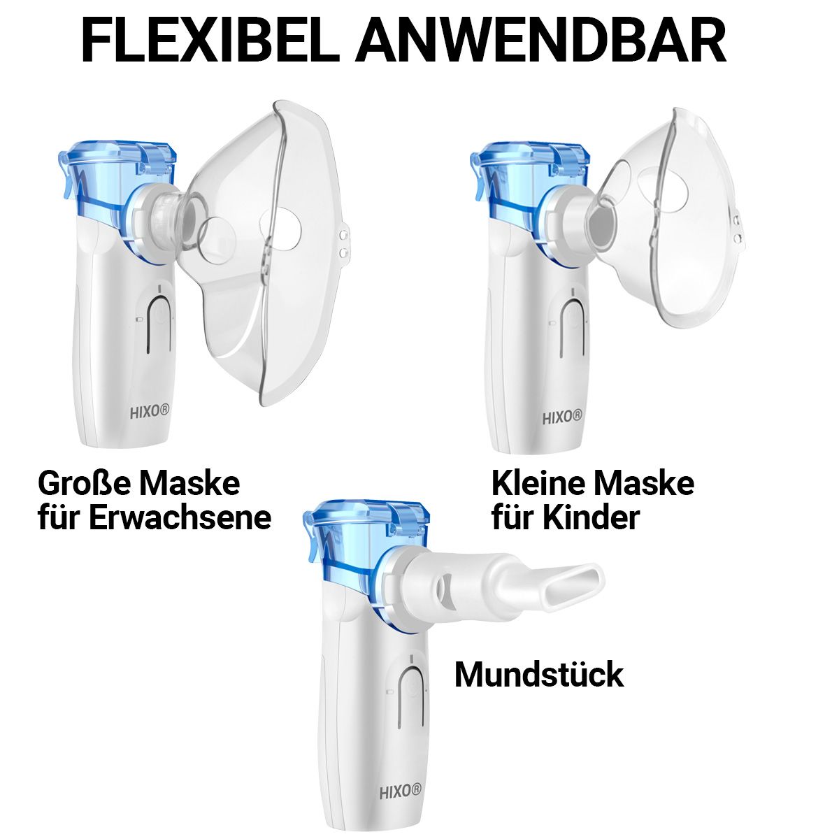 HIXO Inhalator mit großer Maske für Erwachsene, kleiner Maske für Kinder und Mundstück.