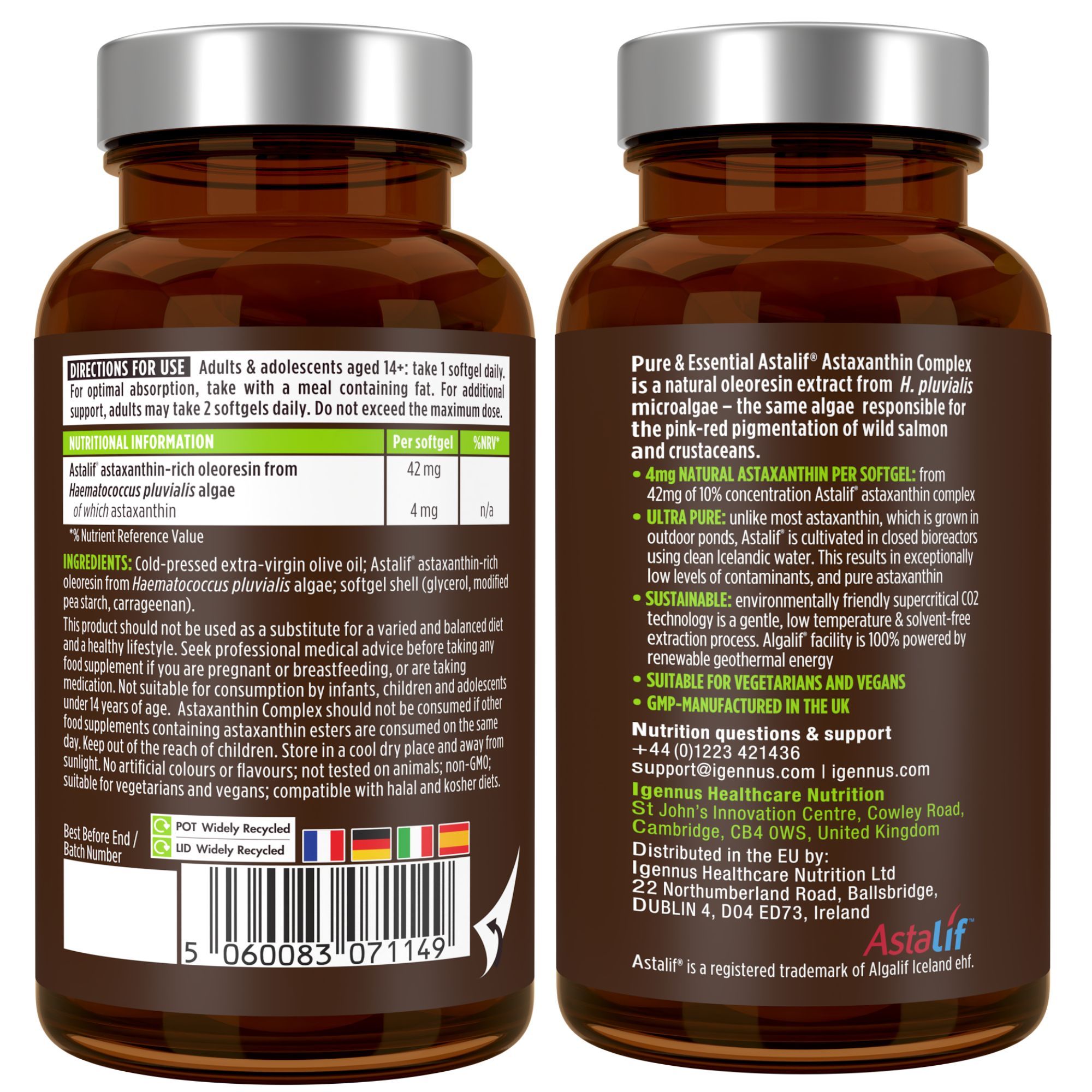 Seitenansicht einer Astaxanthin-Flasche mit detaillierten Produktinformationen auf Englisch.