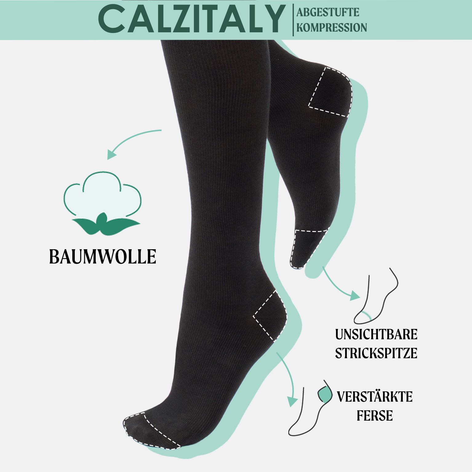 CALZITALY Unisex Kniestrümpfe aus Baumwolle Abgestufter Kompression 14-16 mm/Hg Made in Italy