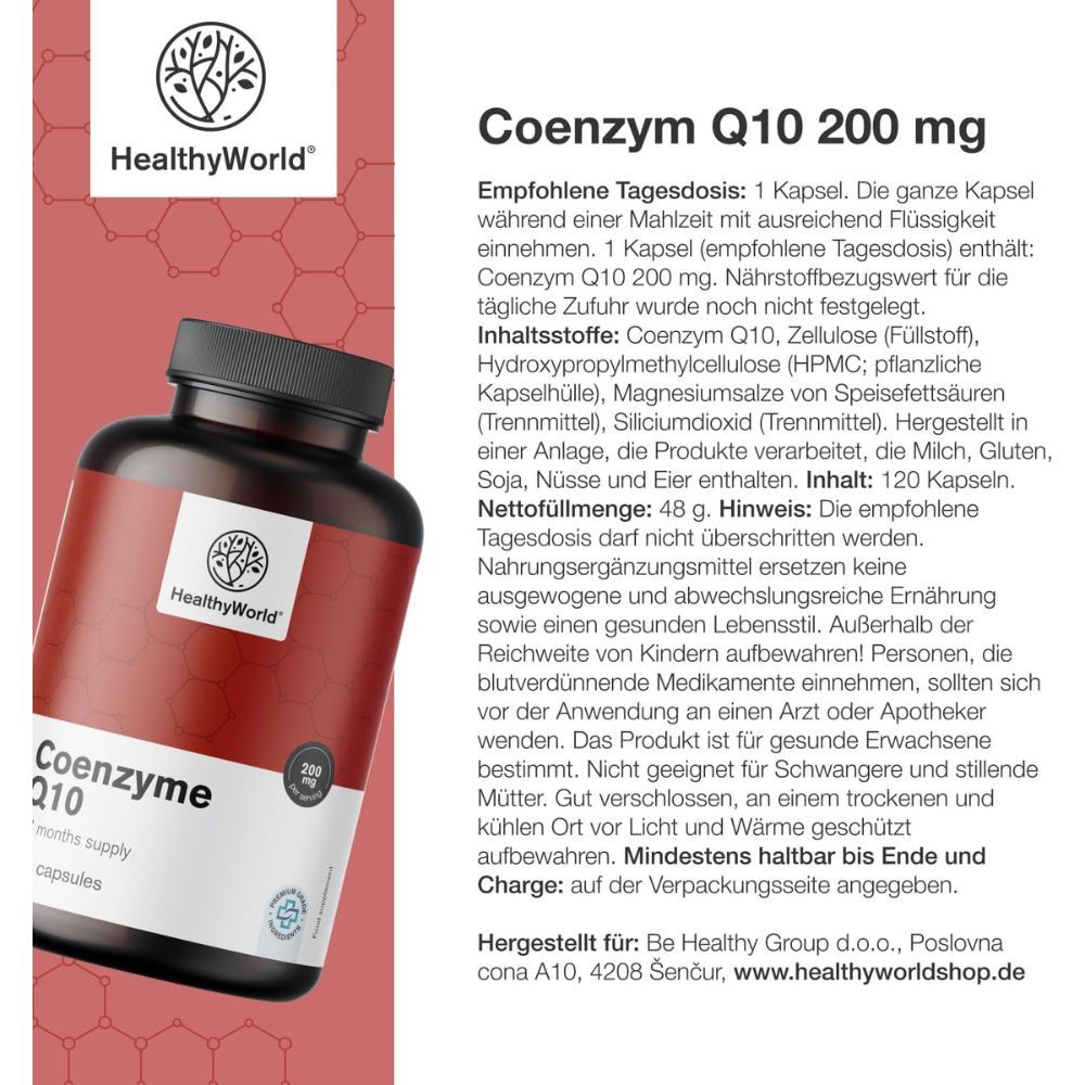 Flasche mit Text: HealthyWorld, Coenzym Q10, 200 mg, 120 Kapseln. Text: Empfohlene Tagesdosis: 1 Kapsel.