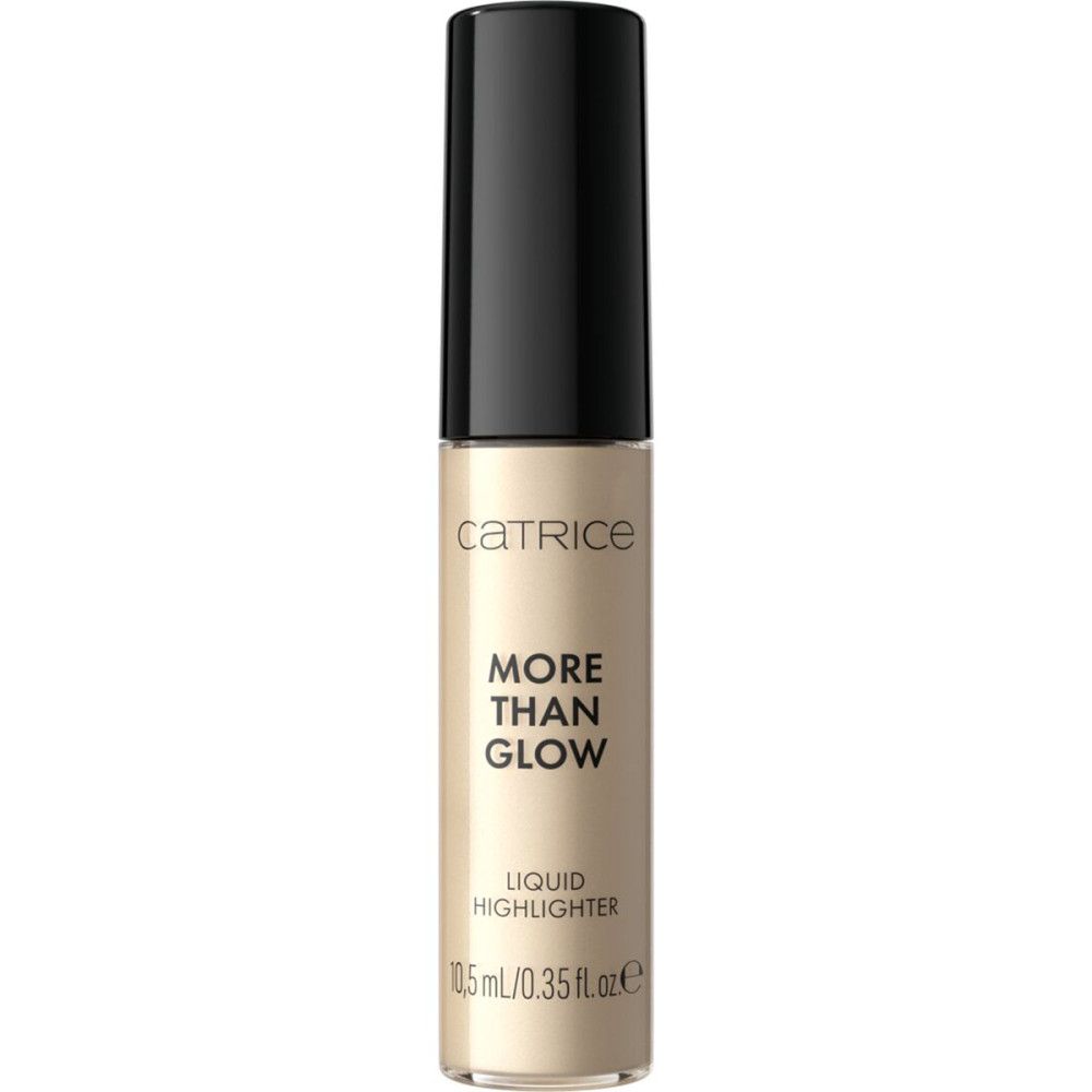 Flüssiger Highlighter in einer Flasche mit schwarzem Deckel. Aufschrift: Catrice, More Than Glow, Liquid Highlighter, 10,5 ml/0.35 fl.oz.