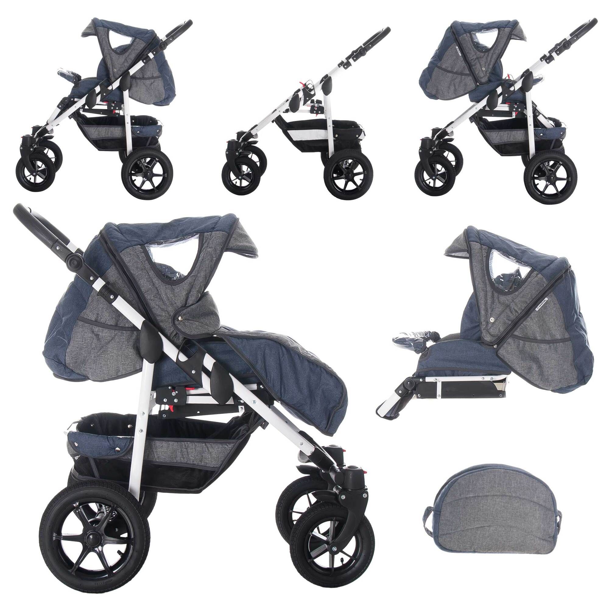 Kinderwagen, blau-grau, in verschiedenen Konfigurationen. Mit Sonnenschutz und Tasche.