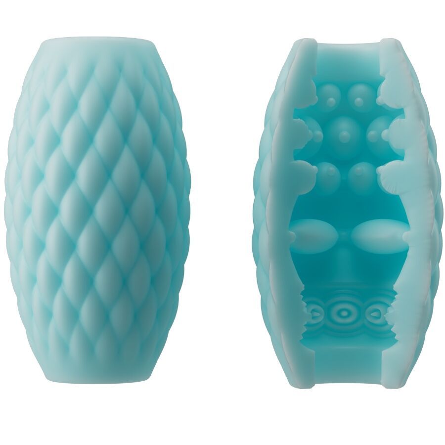 Türkisfarbenes, ovales Produkt mit rautenförmiger Oberfläche. Innen mit Noppen und Erhebungen. Zwei Ansichten.