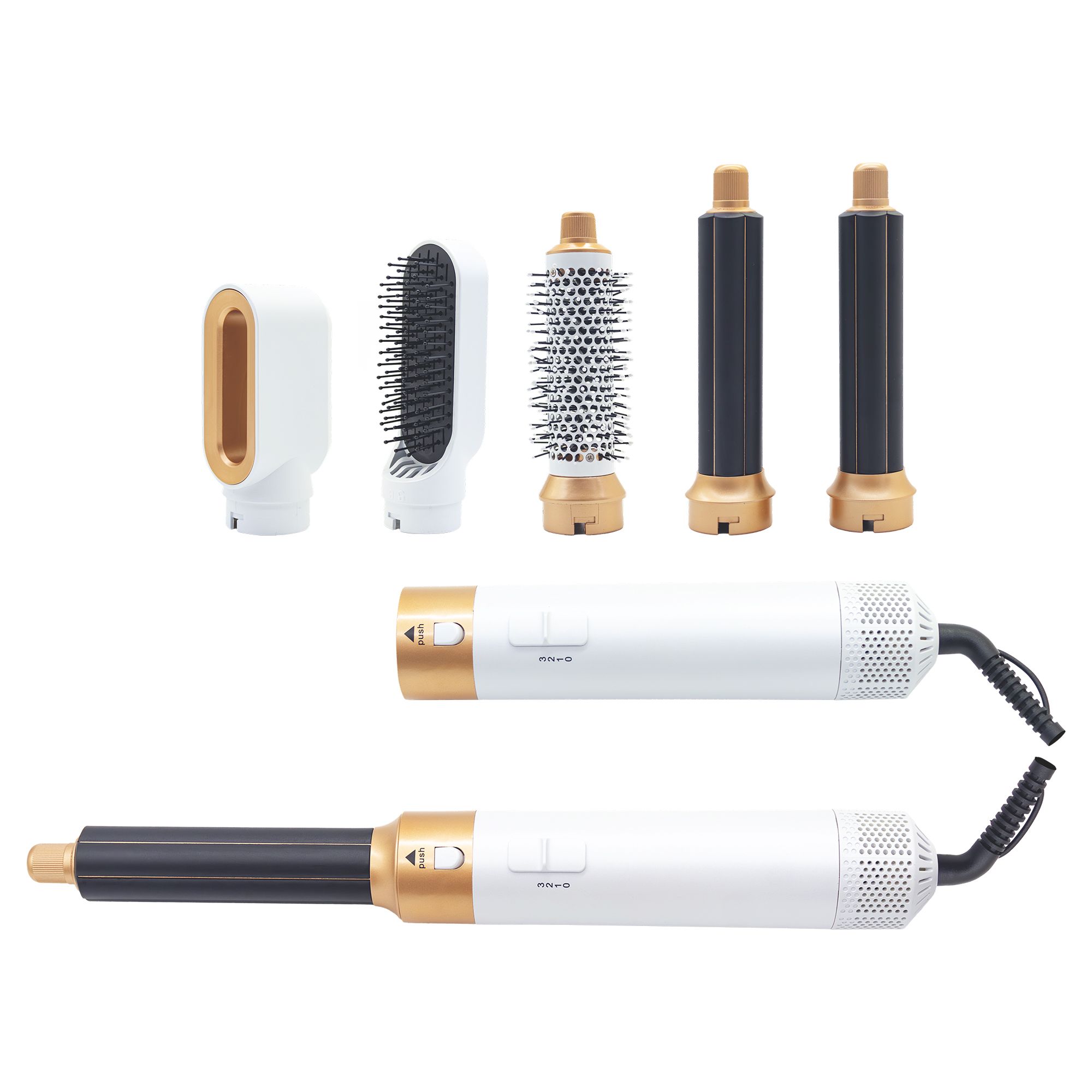 Erth Beauty 5-in-1 Airflow Haarstyling Revolution. Gerät und Aufsätze in Weiß, Schwarz und Gold. Mehrere Teile liegen getrennt.