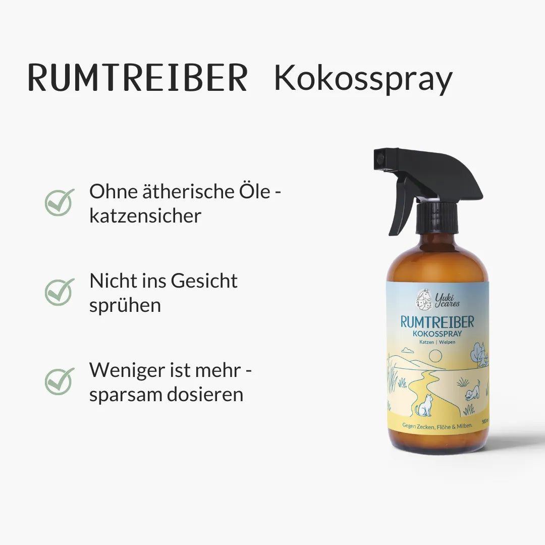 Braune Sprühflasche mit Etikett. Aufschrift: Rumtreiber Kokosspray. Text: Ohne ätherische Öle, nicht ins Gesicht sprühen, sparsam dosieren.