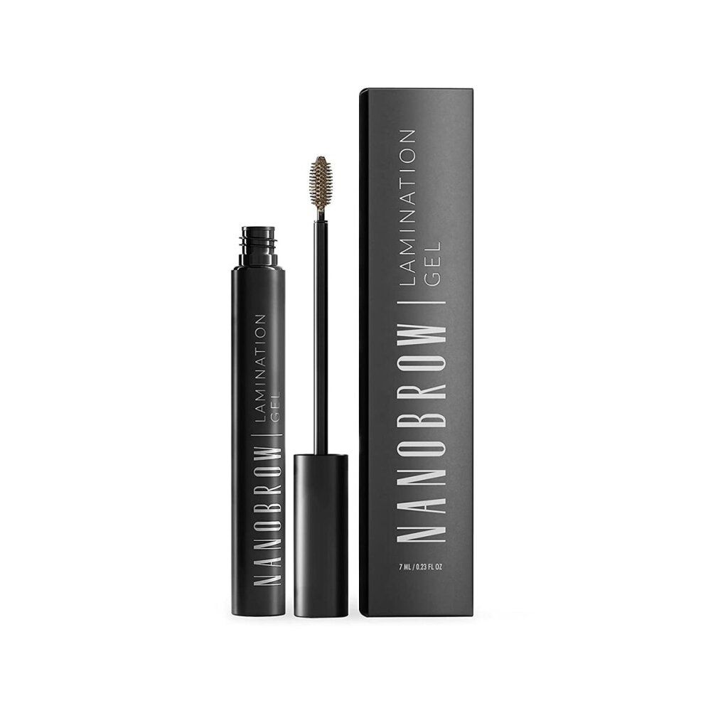 Schwarze Tube und Bürste mit Produktnamen. Rechteckige Verpackung mit Produktnamen. Aufschrift: Nanobrow Lamination Gel.
