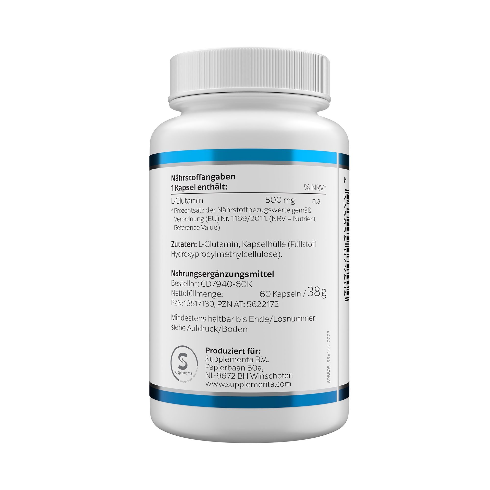 Rückseite einer L-Glutamin 500 mg Kapselpackung mit Nährwertangaben.