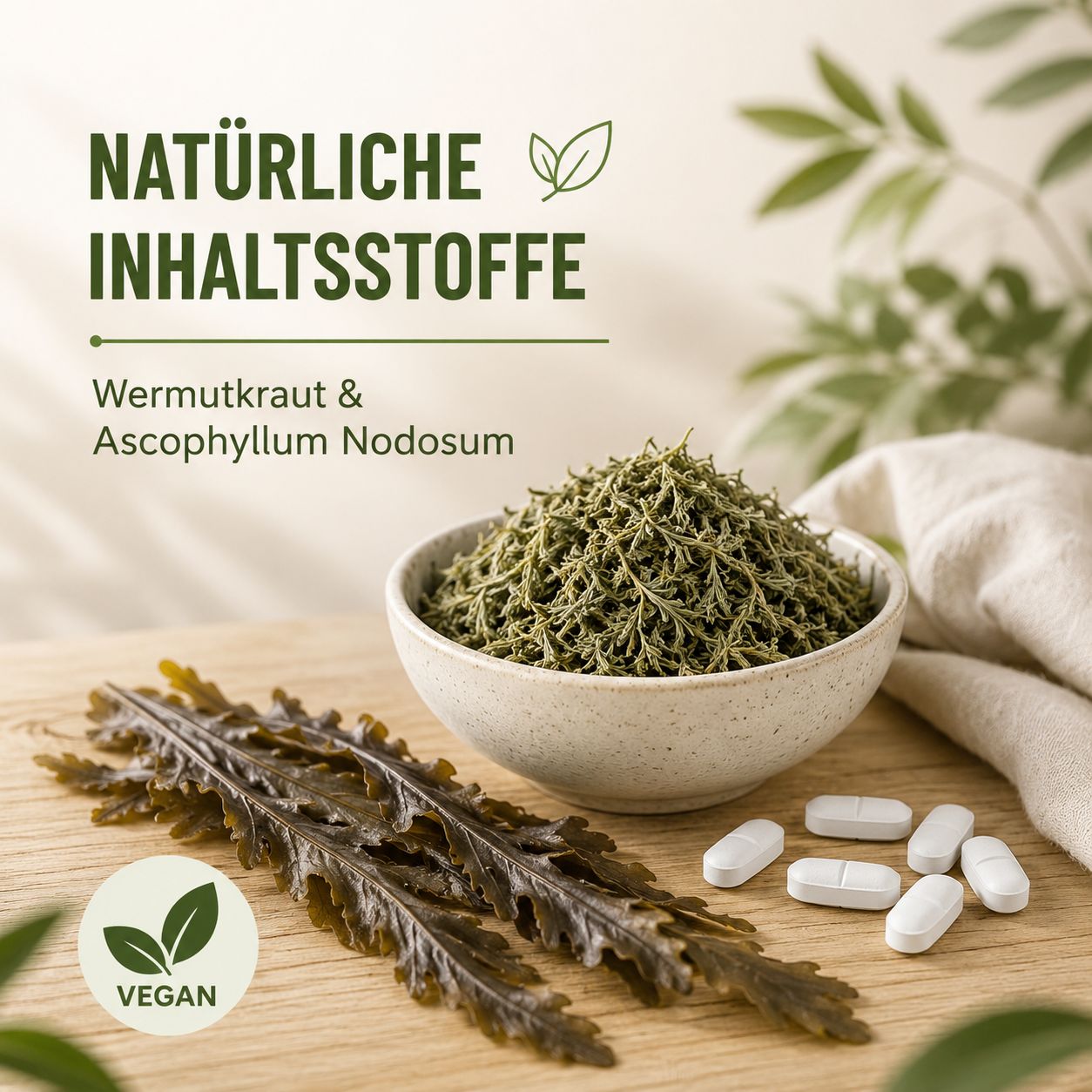 Natürliche Inhaltsstoffe: Wermutkraut & Ascophyllum Nodosum. Vegan.