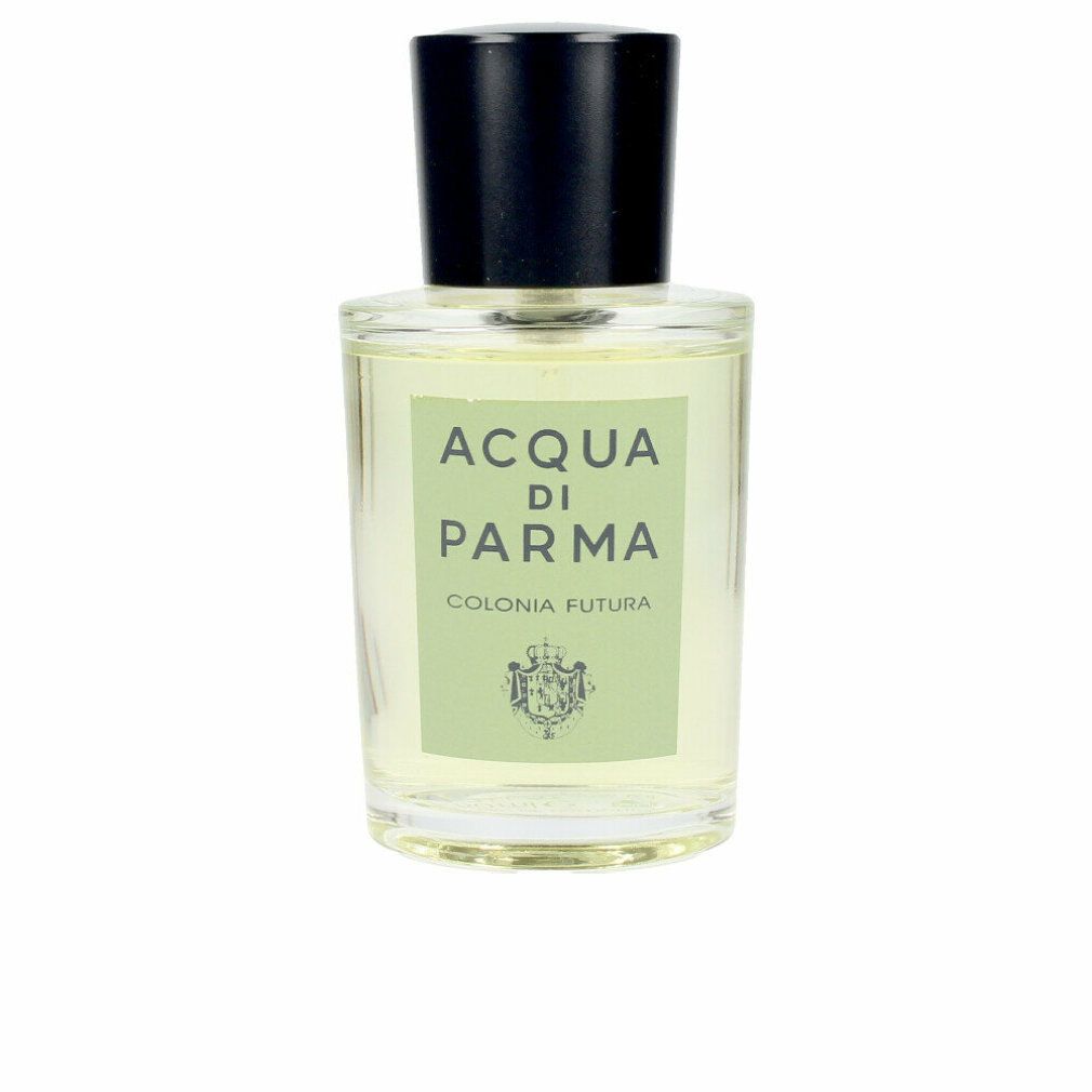Glasflakon mit schwarzem Deckel. Aufkleber mit Schriftzug ACQUA DI PARMA COLONIA FUTURA und Logo.
