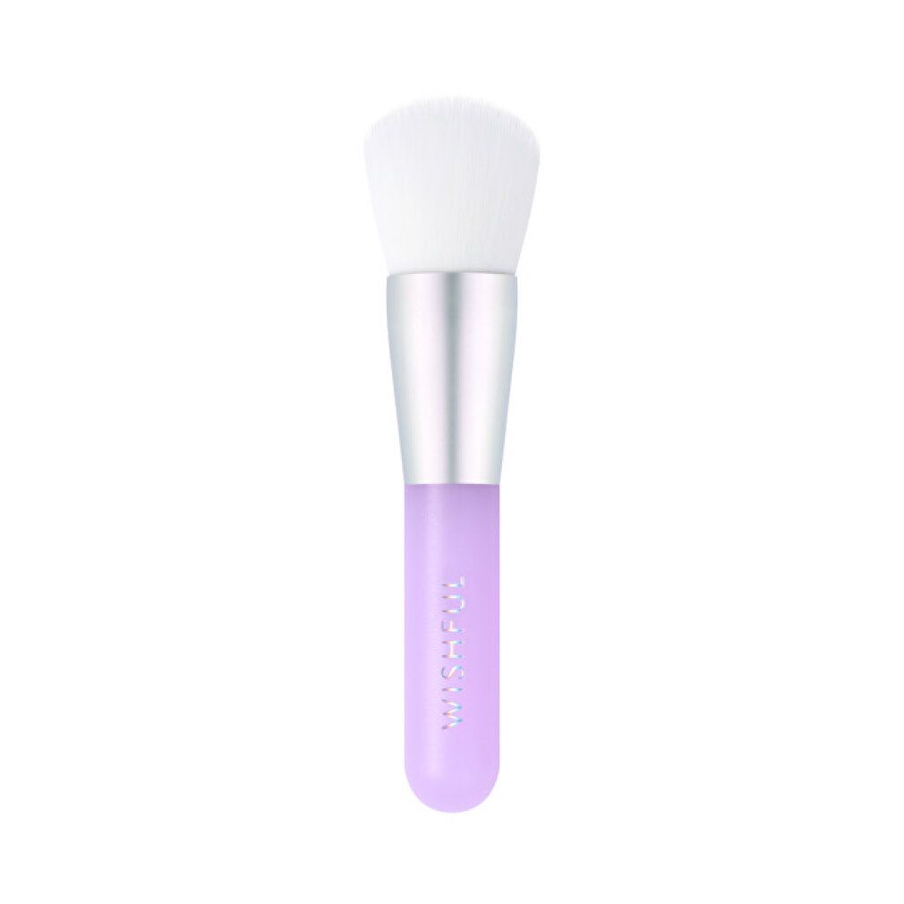 Gesichtsbürste mit weißem Pinselkopf, silberner Manschette und lila Griff. Auf dem Griff steht "mySkin".