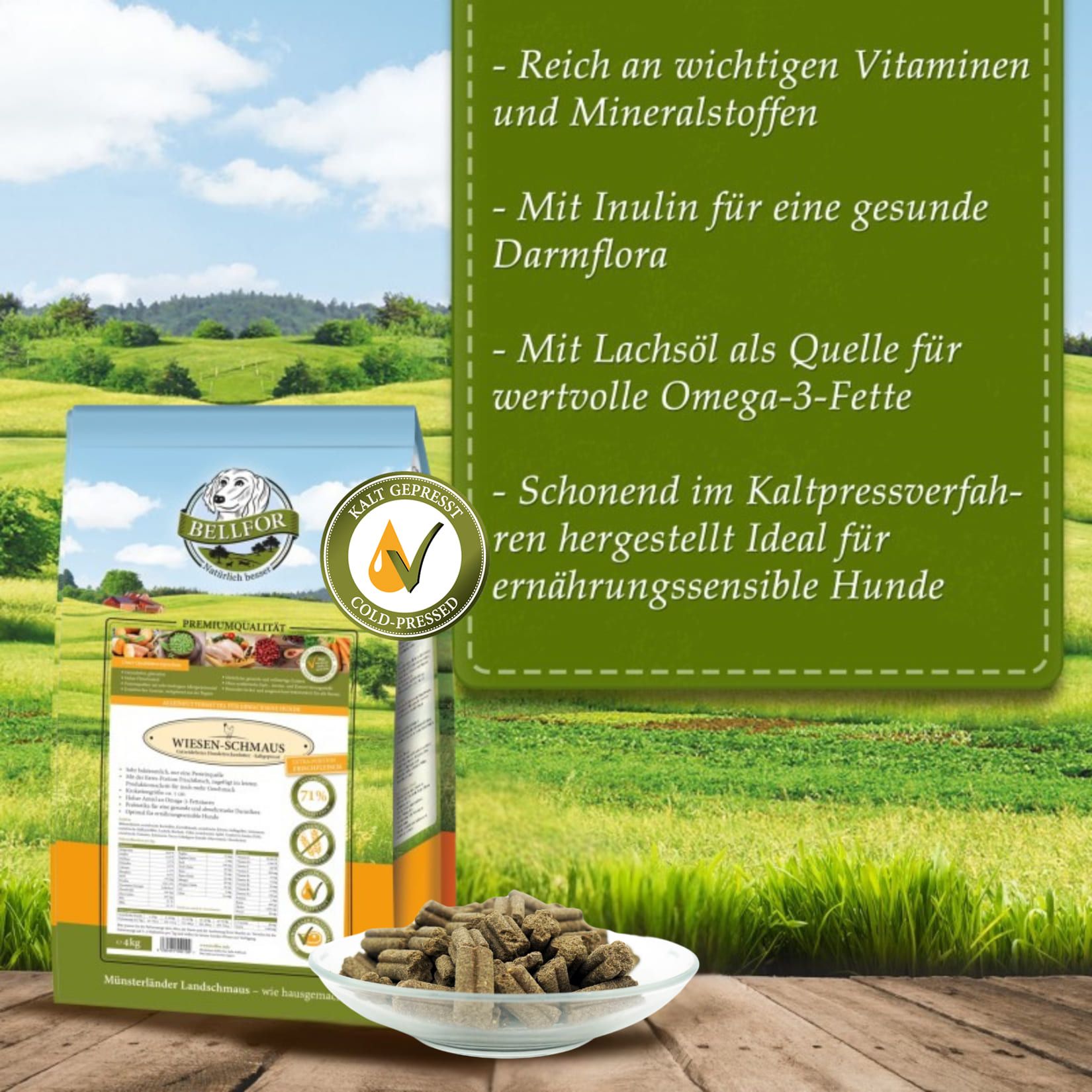 Textfeld mit Aufschrift: Reich an Vitaminen, mit Inulin, mit Lachsöl, schonend hergestellt.