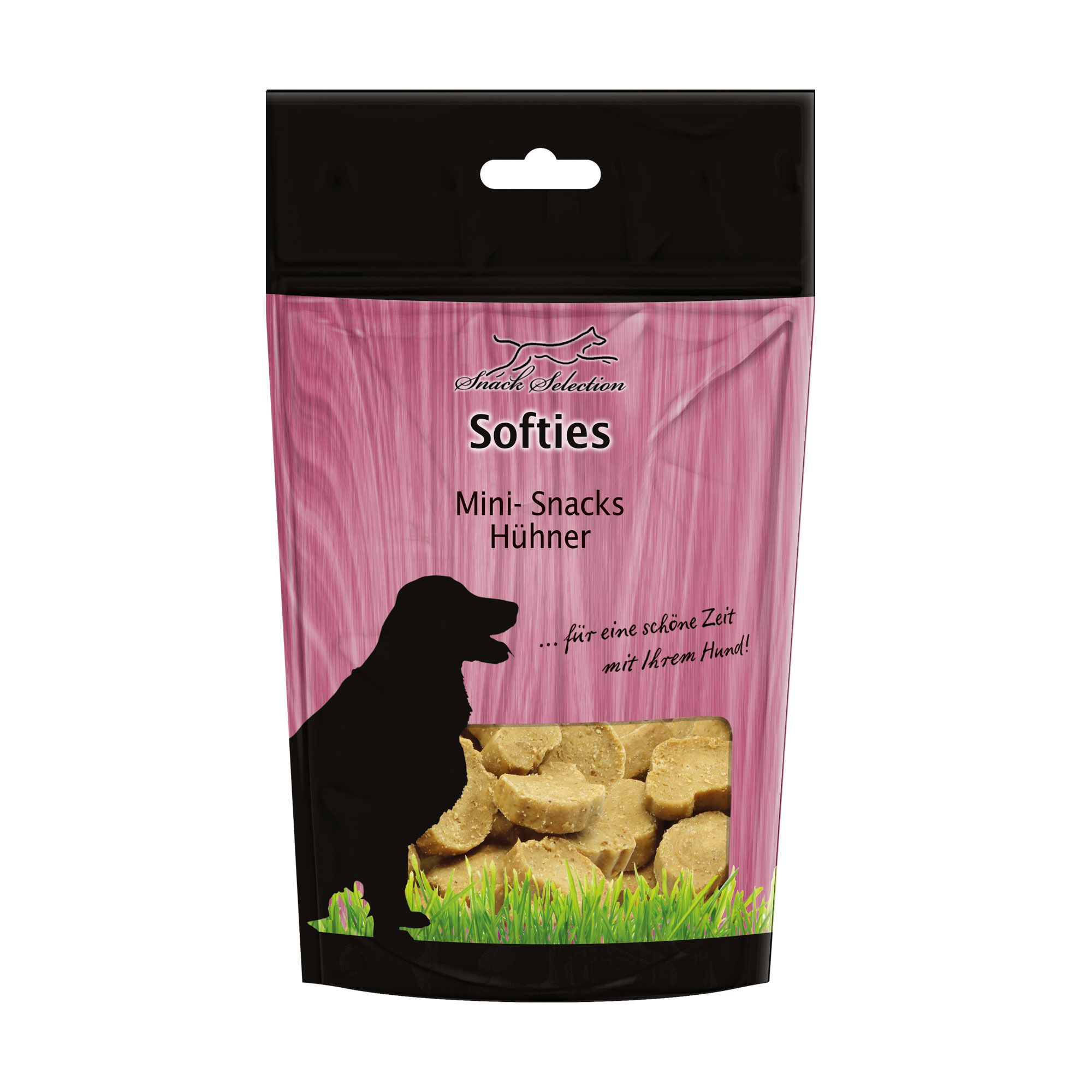 Beutel mit Softies Mini-Snacks Hühner. Sichtfenster mit Snacks. Schwarze Hunde-Silhouette.