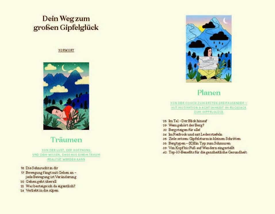 Buchseite mit Illustrationen und Text. Themen: Träumen, Planen, Vorbereiten, Die Tour. Text in deutscher Sprache.
