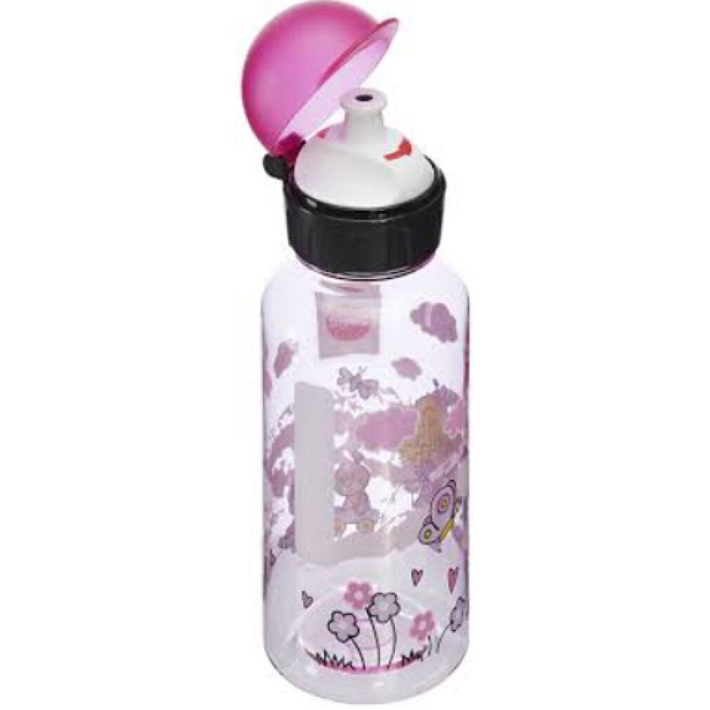 Rosa Trinkflasche mit Prinzessinnen-Motiv, geöffneter Deckel.