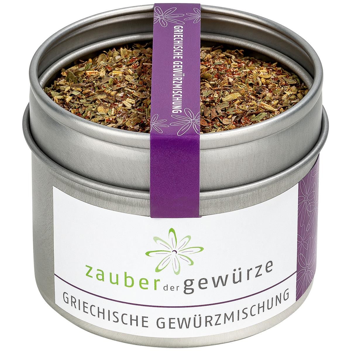 Runde Dose mit griechischer Gewürzmischung. Weißes Etikett mit Logo und Schriftzug. Lila Band mit Text.