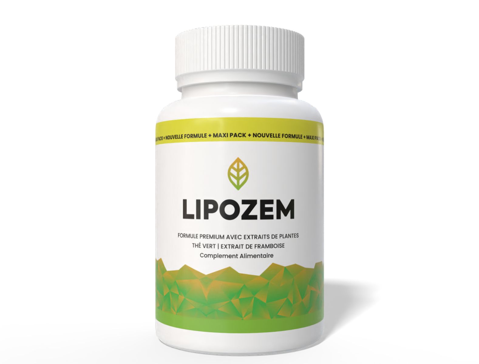 Weiße Flasche mit gelbem Etikett. Aufschrift: Lipozem, Formule Premium avec extraits de plante, Thé vert, Extrait de framboise. Nahrungsergänzungsmittel.