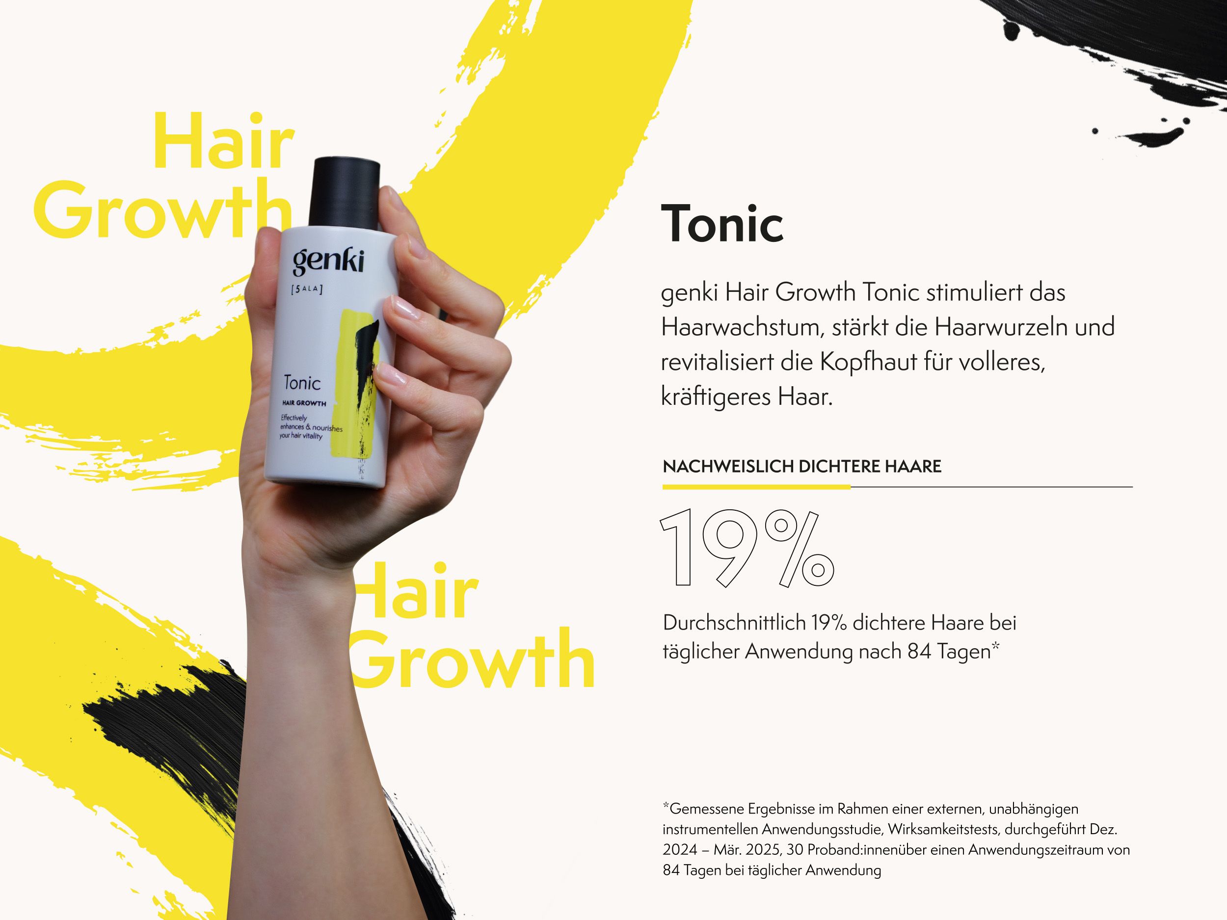 Hand hält Genki Hair Growth Tonic. Produktname und Logo sichtbar. Text mit Informationen zum Produkt.