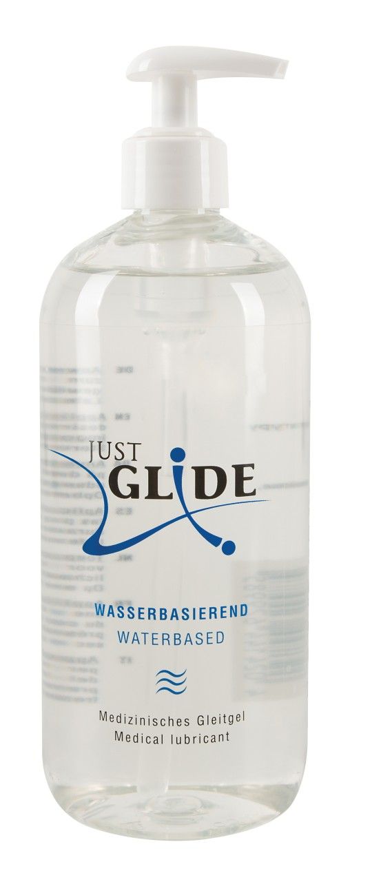 Transparente Flasche mit Dosierpumpe. Aufschrift: JUST GLIDE, Wasserbasiert, Medizinische Gleitgel.