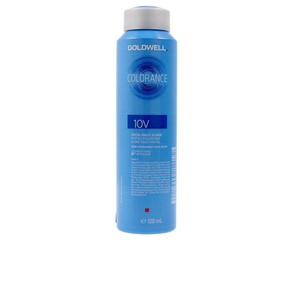 Goldwell Colorance 10V Haarfarbe. Blaue Flasche mit weißem Deckel. Produktname und Farbton 10V deutlich sichtbar.