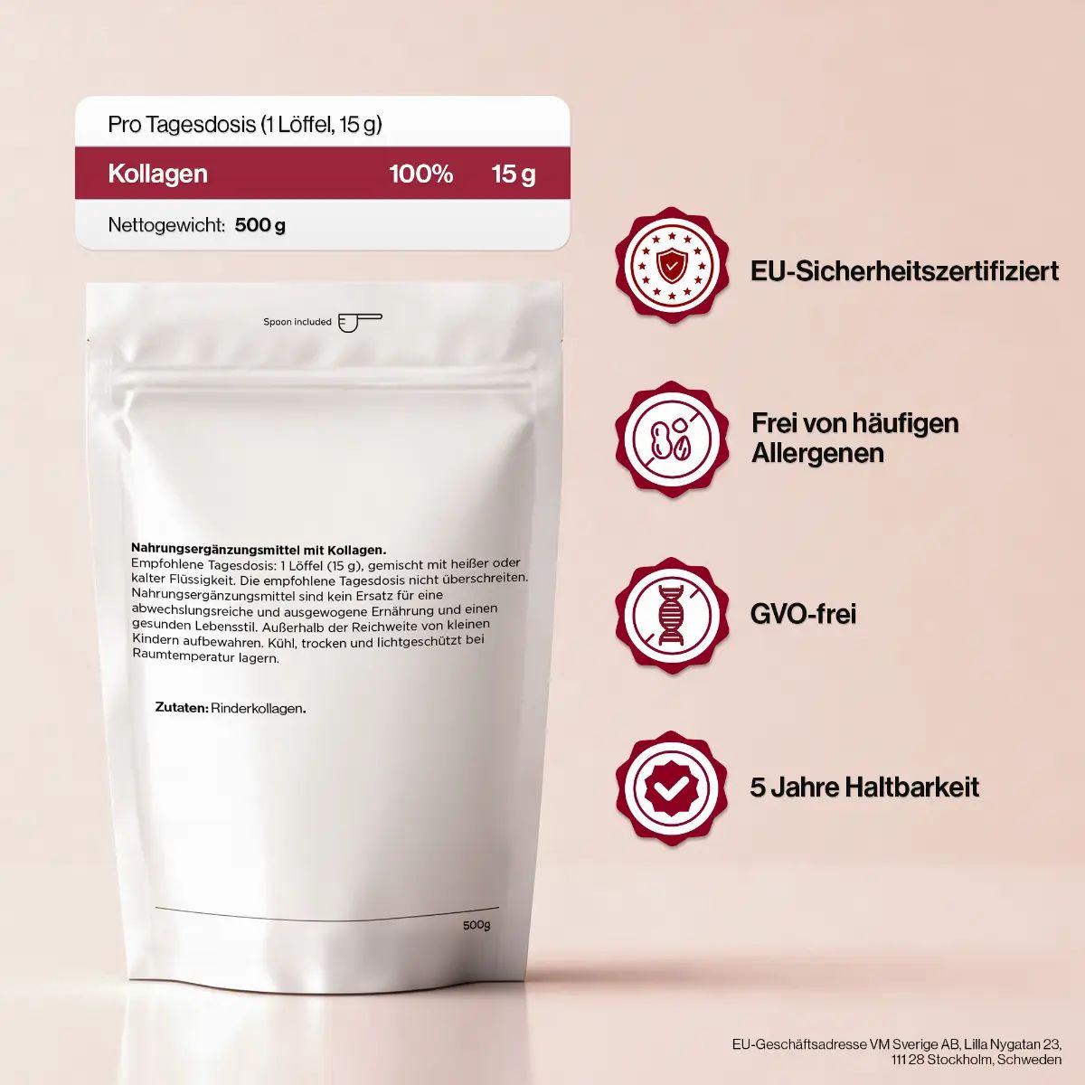 Rückseite der Kollagenpulver-Verpackung mit Nährwertangaben und Siegeln.