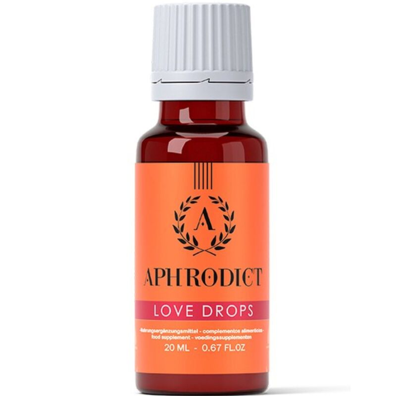 Braune Glasflasche mit weißem Deckel. Aufkleber mit Schriftzug APHRODICT LOVE DROPS. 20 ml.