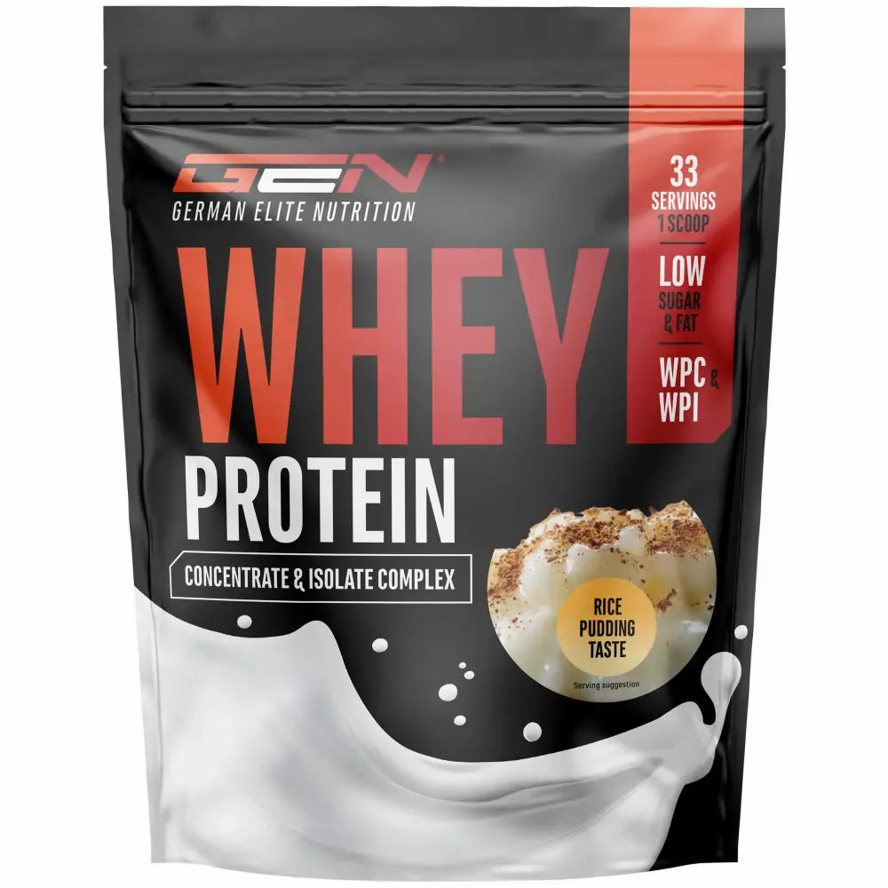 Schwarze Tüte mit „WHEY PROTEIN“ Aufdruck. Enthält 33 Portionen, WPC & WPI. Geschmack: Reis-Pudding.