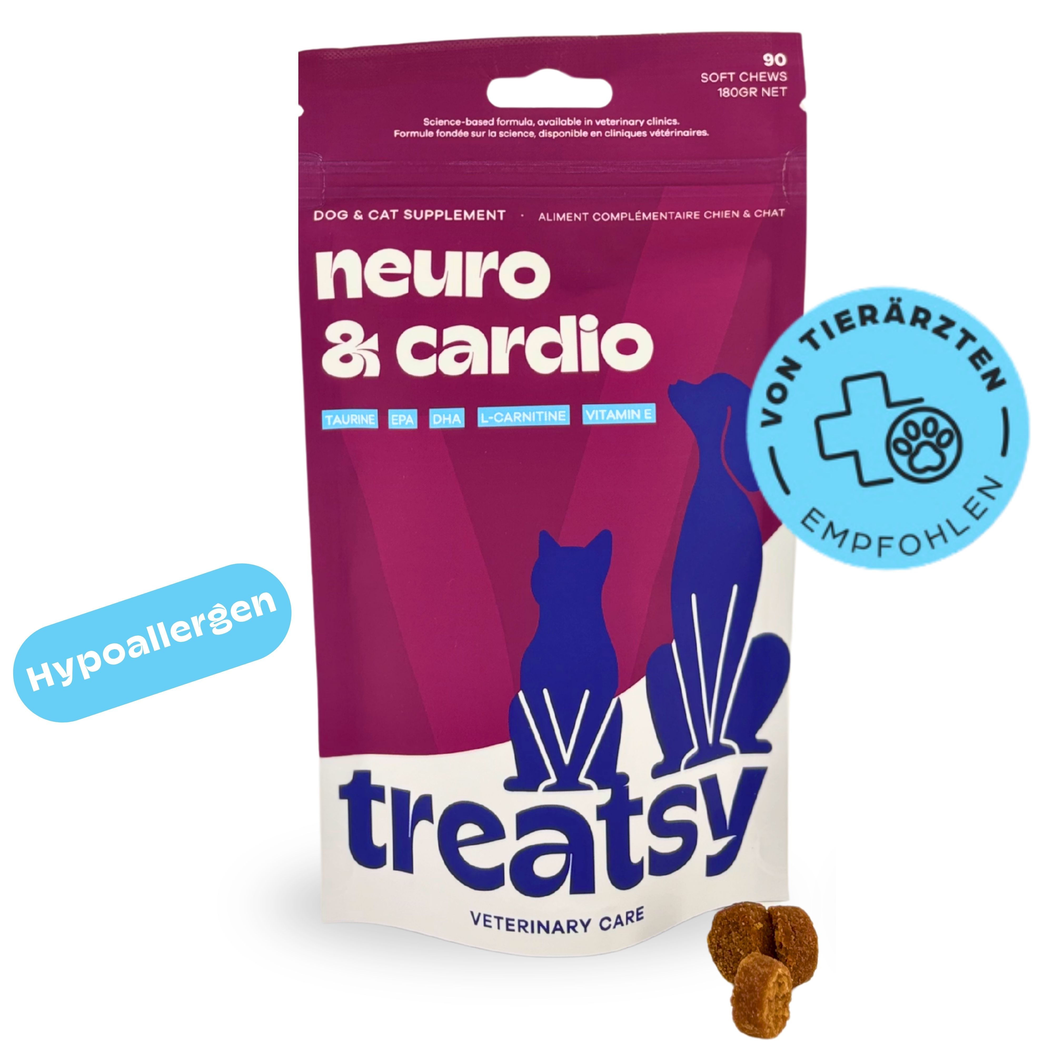Beutel mit Aufschrift Neuro & Cardio. Marke: Treatsy. Für Hunde und Katzen. Text: Hypoallergen.
