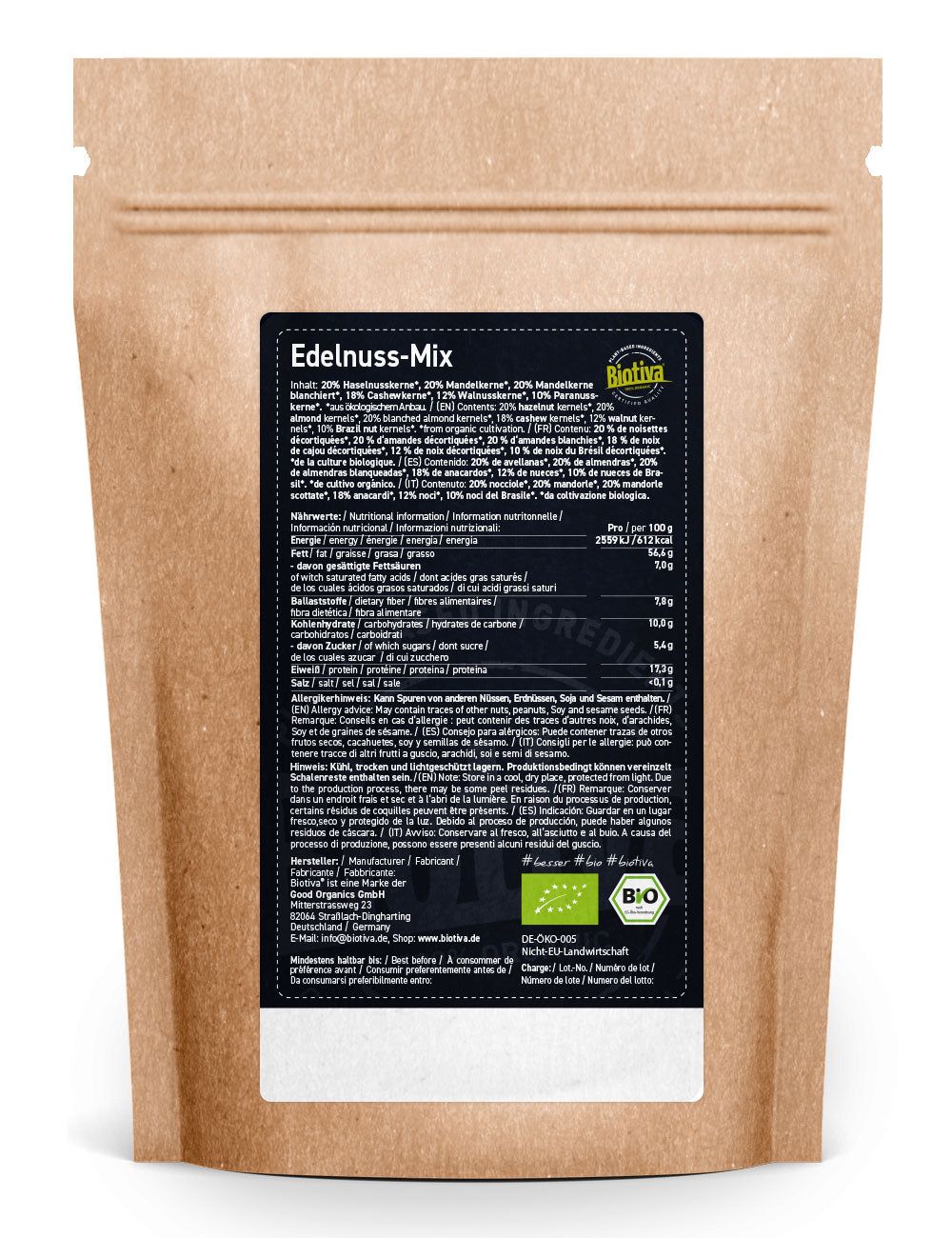 Rückseite der Tüte mit Nährwertangaben. Biotiva Edelnuss-Mix. Bio-Zertifizierung. Text in Deutsch, Französisch, Italienisch, Niederländisch.
