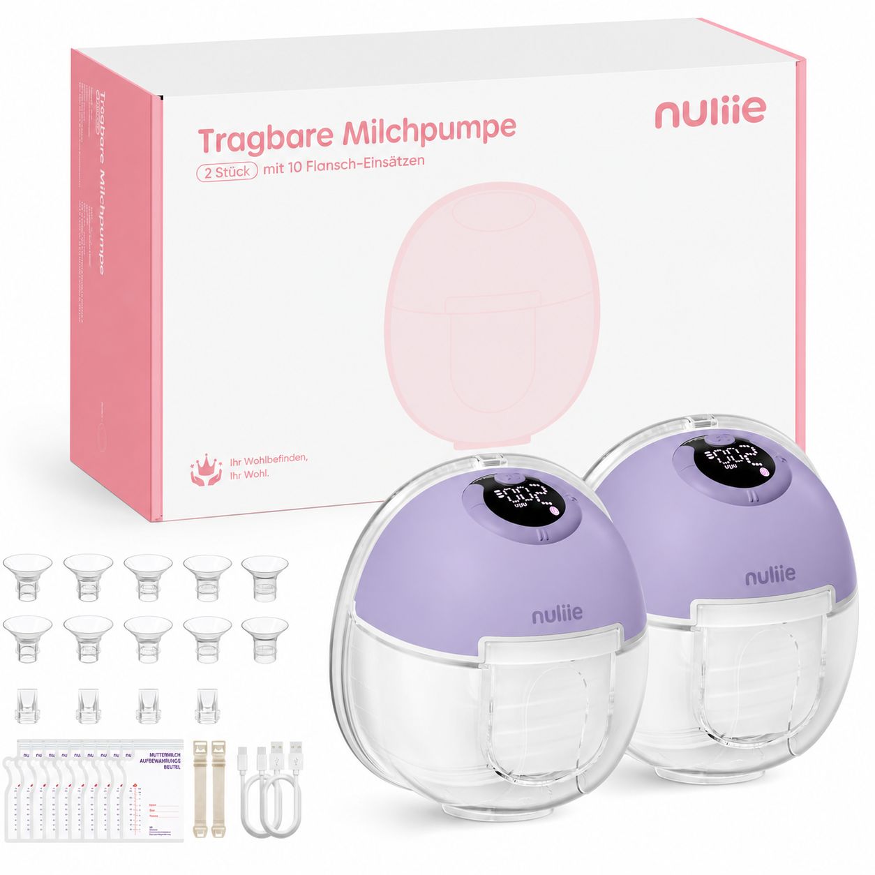 Zwei violette Nuliie Milchpumpen mit Zubehör, darunter Muttermilchbeutel und BH-Versteller. Tragbare Milchpumpe.