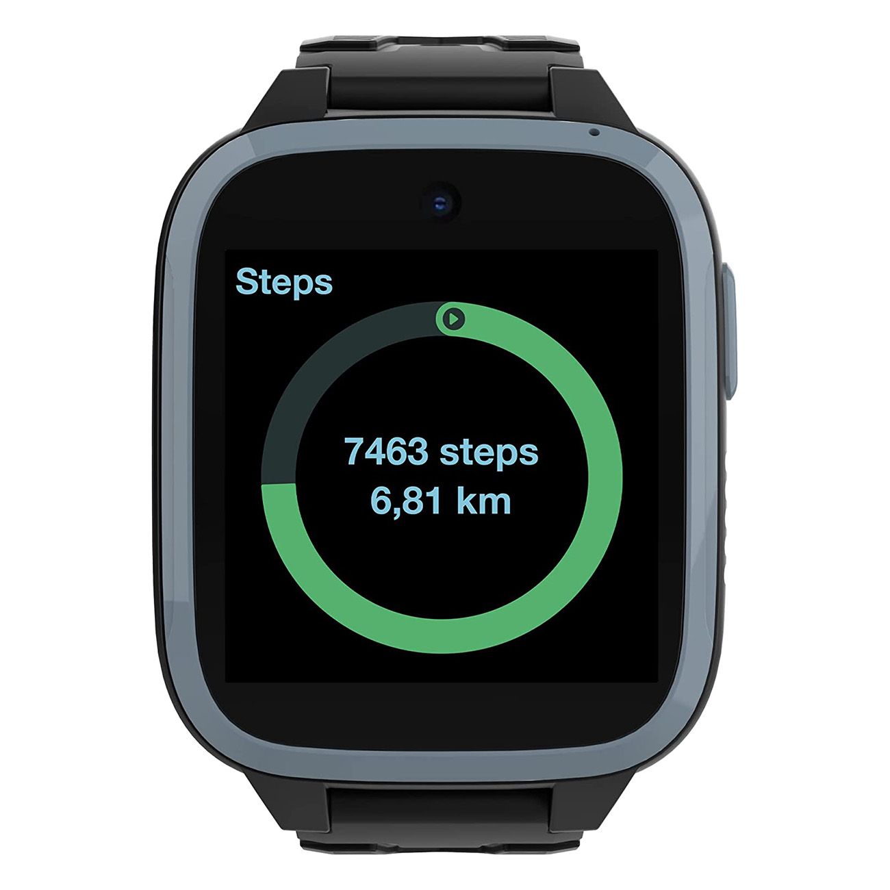 Schwarze Smartwatch mit grauem Rahmen. Auf dem Display: Schritte, 7463 Schritte, 6,81 km.