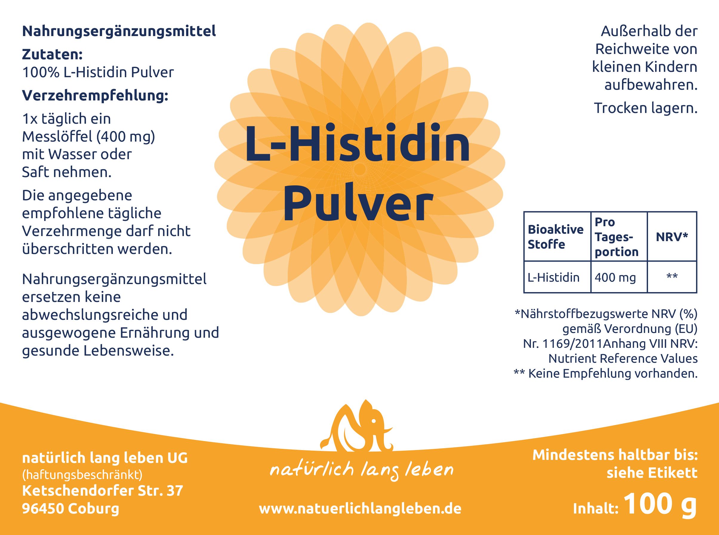 Etikett mit L-Histidin Pulver. Produktinformationen, Dosierung, Inhaltsstoffe. Logo und Text.