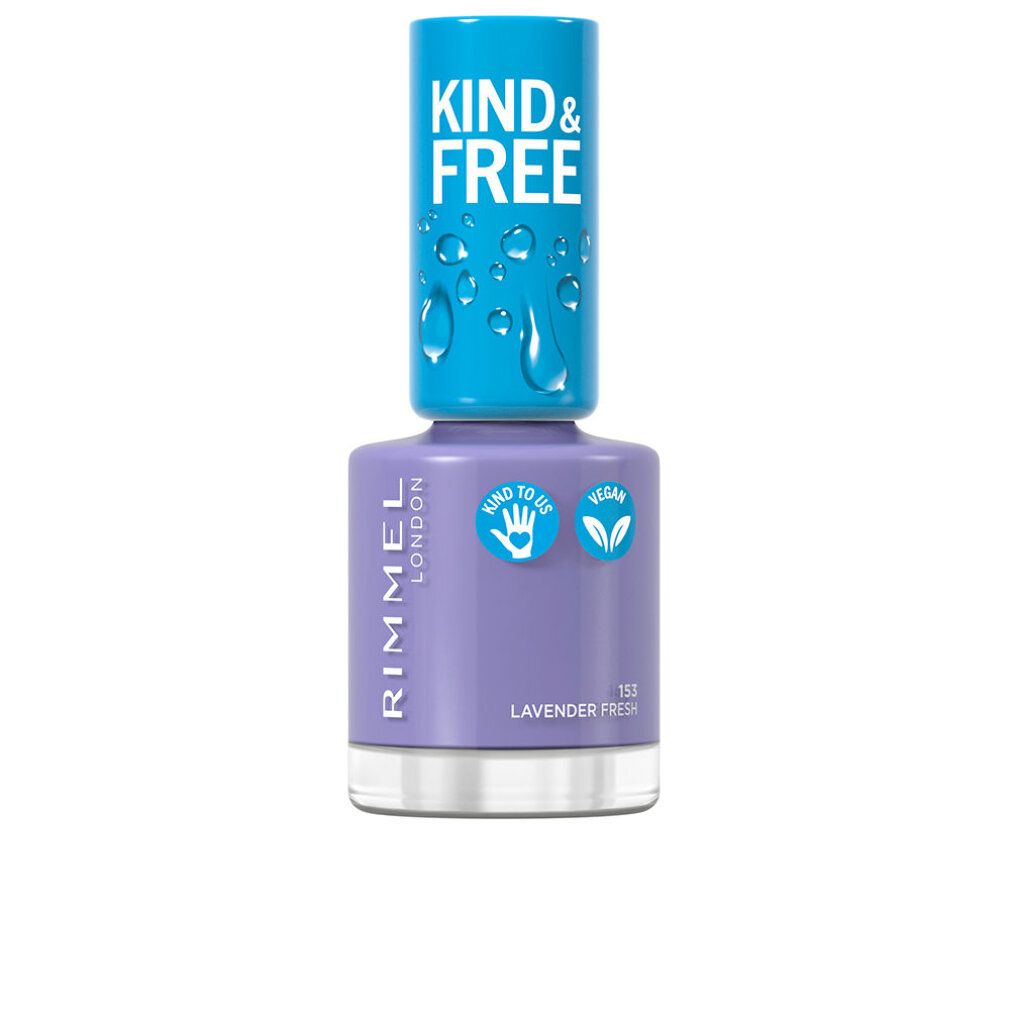 Nagellackflasche. Lila Farbe. Blauer Deckel mit Schriftzug KIND & FREE. Aufschrift RIMMEL LONDON. Vegan-Siegel.