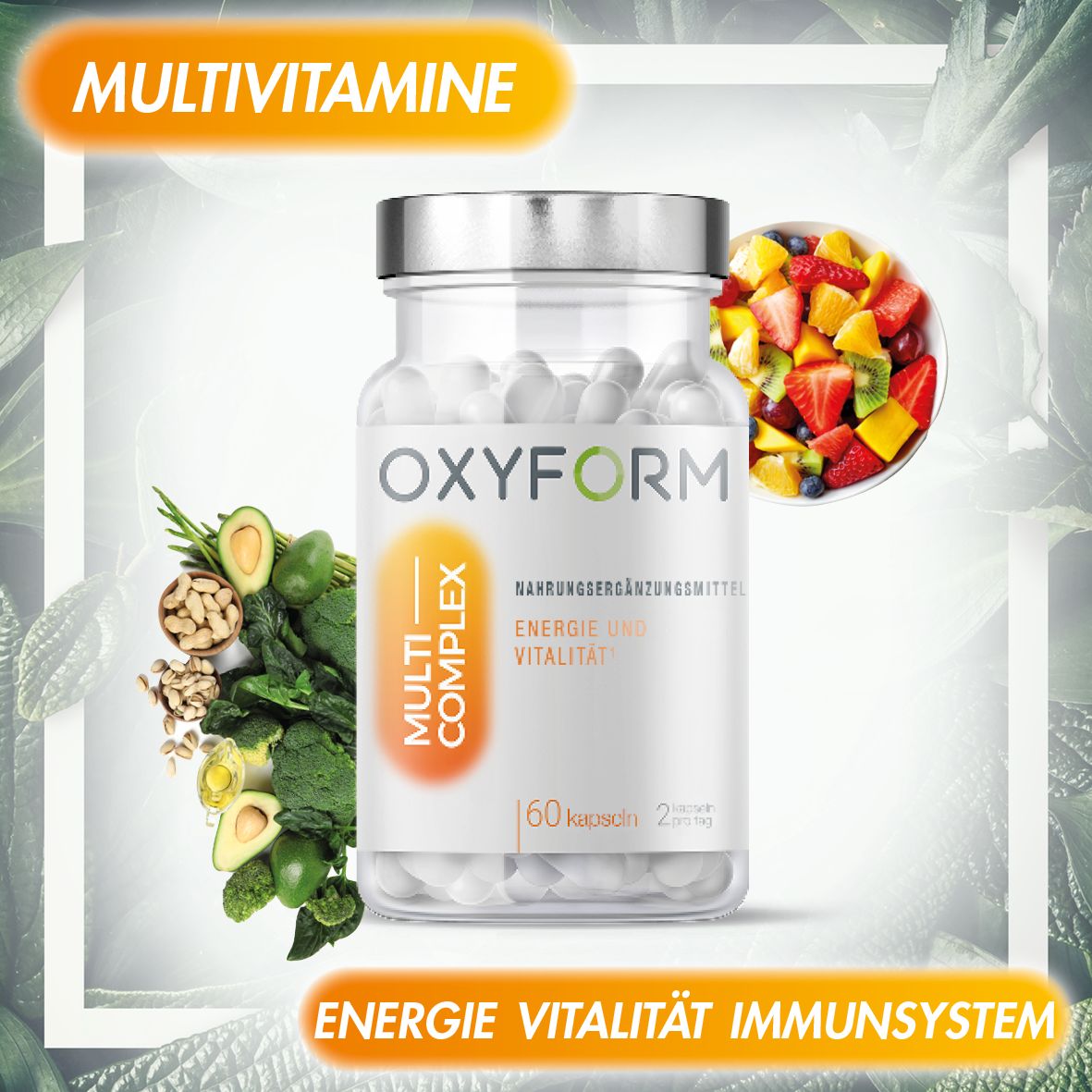 Glasflasche mit Kapseln, umgeben von Obst und Gemüse. Aufschrift: OXYFORM, Multi-Complex. 60 Kapseln.