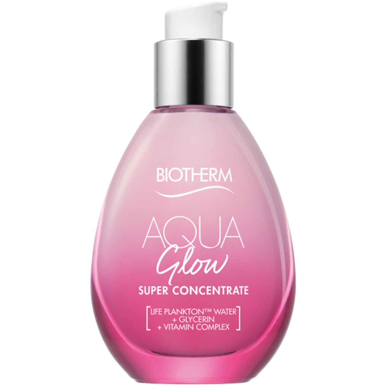 Rosa Flasche mit silbernem Pumpkopf. BIOTHERM Aqua Glow Super Concentrate. Enthält Glycerin und Vitamin Complex.