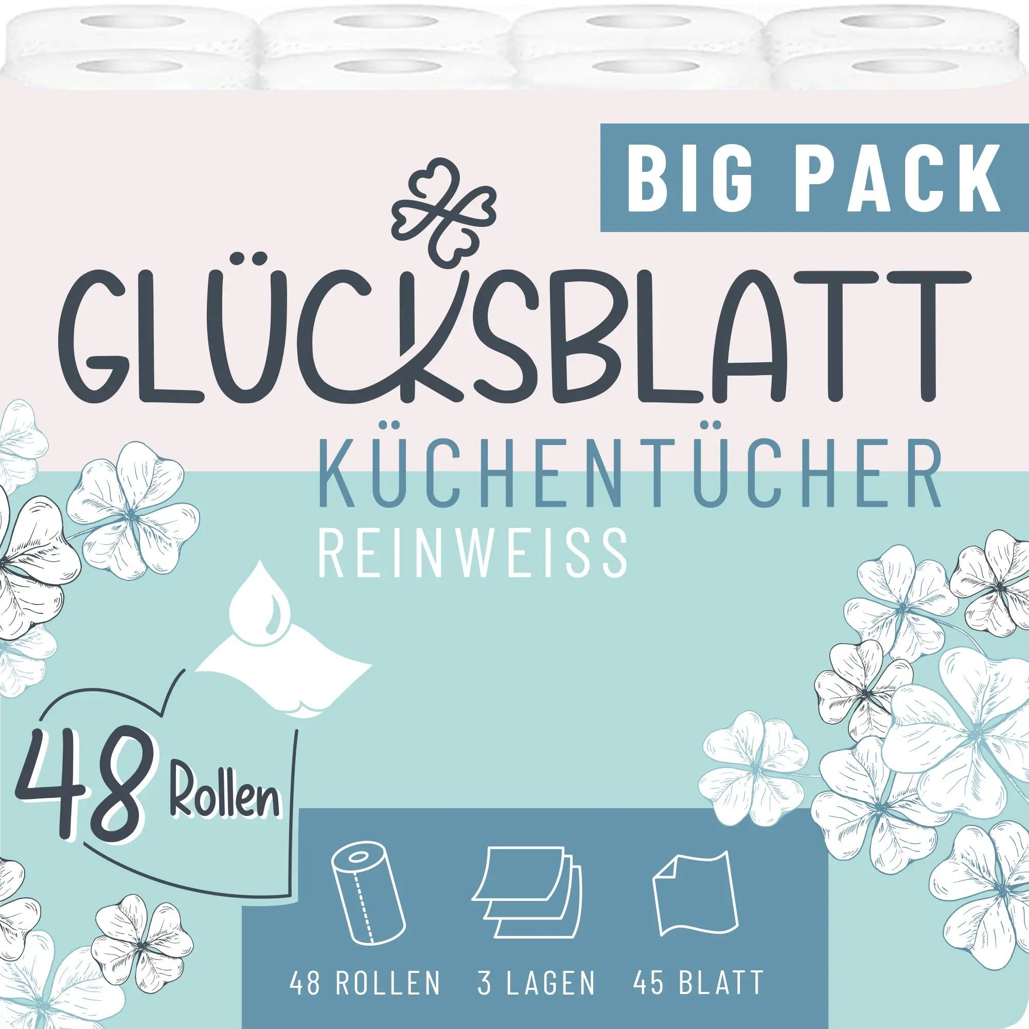 Glücksblatt Küchentücher Reinweiss BIG PACK. Verpackung mit 48 Rollen. Hellblauer Hintergrund mit Kleeblättern und Produktinformationen.