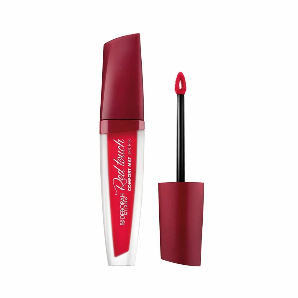 Roter Lippenstift mit Applikator. Durchsichtige Flasche mit rotem Deckel. Schriftzug: Red Touch Comfort Mat Lipstick.