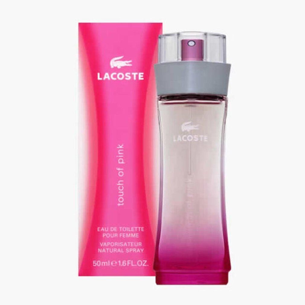 Lacoste Touch of Pink Eau de Toilette Flakon und Verpackung. Rosa und weiß.