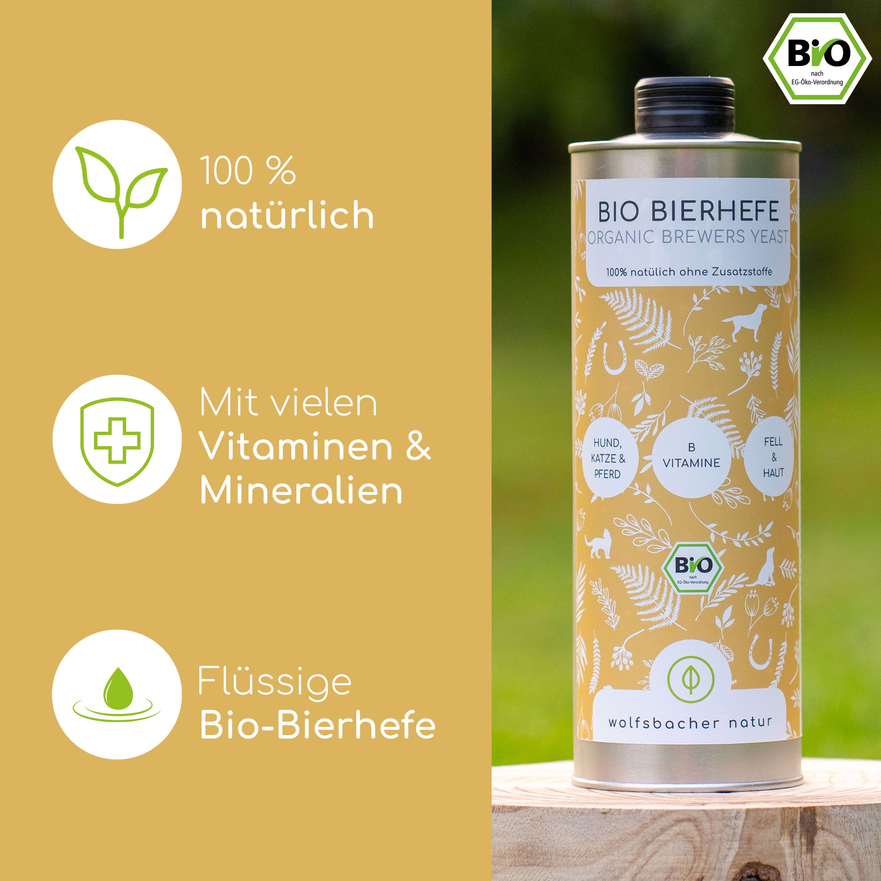 Dose Bio Bierhefe mit Text und Grafiken. Text: 100% natürlich, mit Vitaminen & Mineralien, flüssige Bio-Bierhefe. Bio-Siegel.