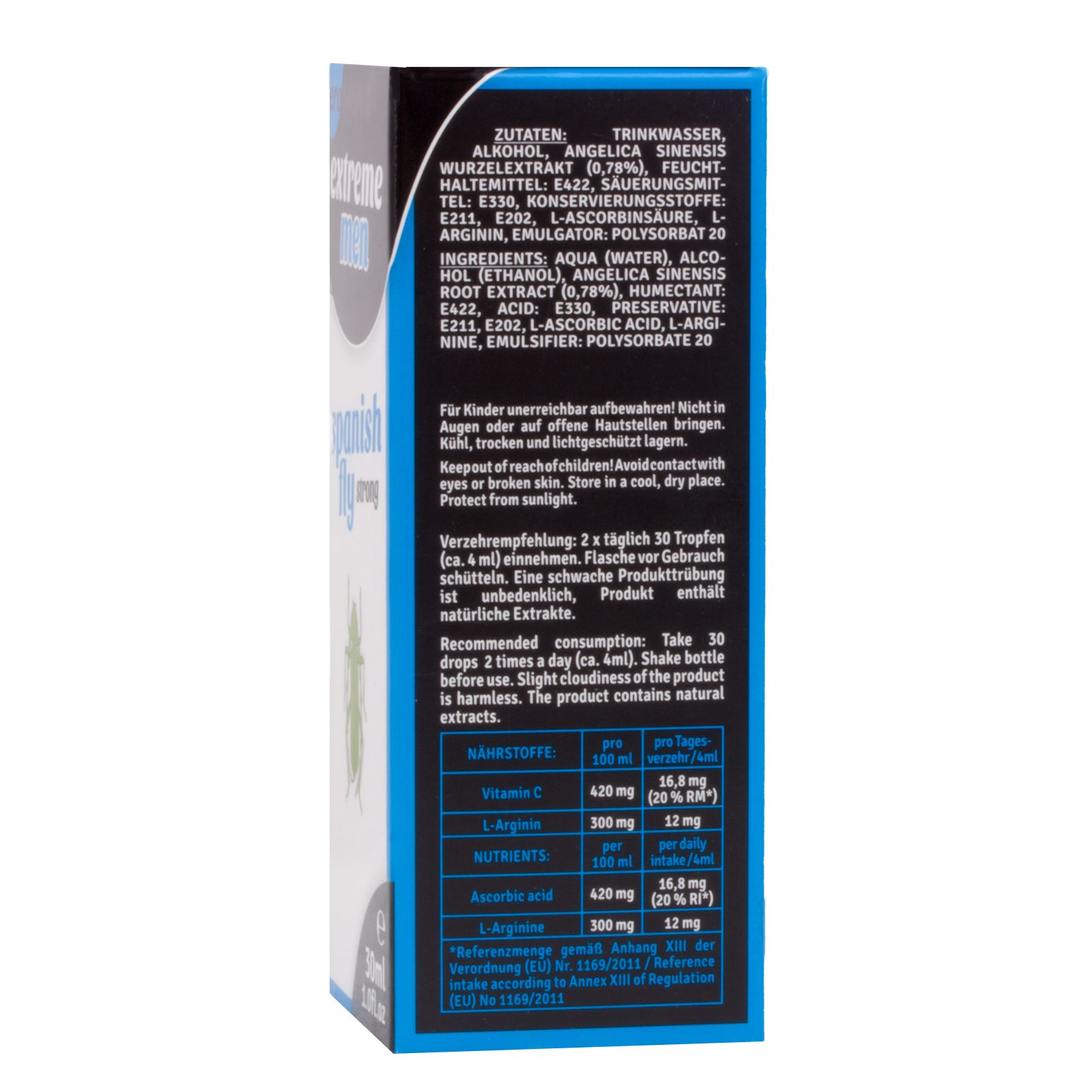 Schachtel mit Inhaltsangaben. Enthält Zutaten, empfohlene Dosierung und Nährwertangaben. Text auf Deutsch.